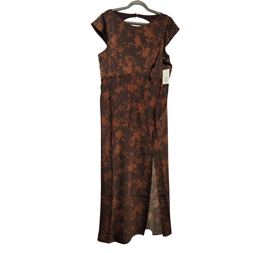 A New Day Brown Floral Satin Maxi Dress XL Cut Out Back Cap Sleeve Side Slit NWT